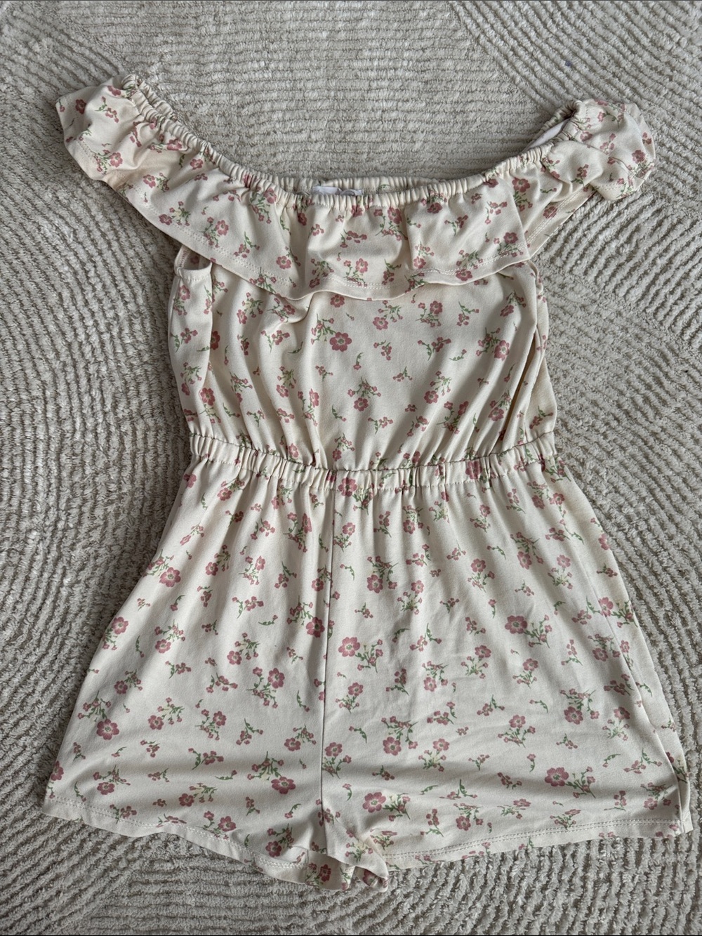 Girls' Cream Off-Shoulder Floral Romper with Pink Blossoms